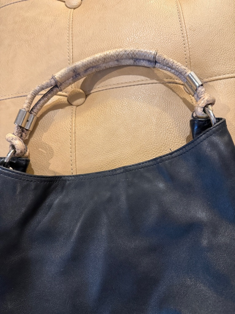 Michael Kors Black Leather Shoulder Hobo with reptile Wrapped Handle - Picture 2 of 11